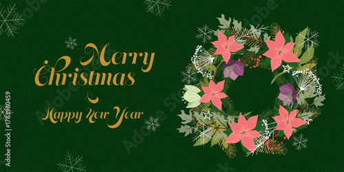 Vintage Merry Christmas Poster with floral wreath, poinsettia, and pine branches on Trendy green textured background. Template For greeting cards, banne , invitations, and holiday design