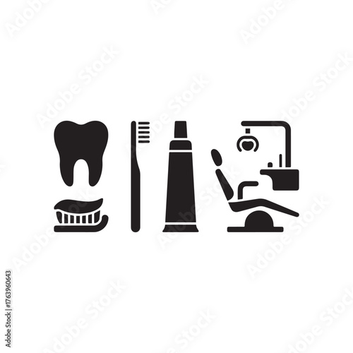Dental Care Essentials Toothbrush Toothpaste and Dentist Chair Icon Image