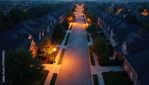 Aerial view of nighttime suburban street lined with illuminated homes. Residential neighborhood shows neat row houses, sidewalks, street lights casting warm orange glows. Peaceful urban landscape