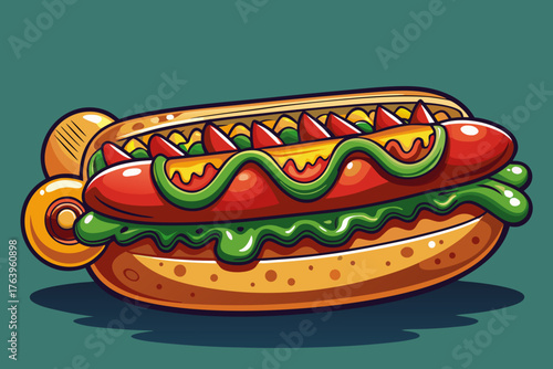 The hot dog is the symbol of the streets of New York; Grilled sausage with special bread, mustard, caramelized onion and special sauce. Stylish design with the addition of pickled cucumbers and colore