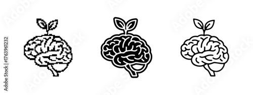 Conceptual Brain Icon Set with Plant Growth Representing Mental Development