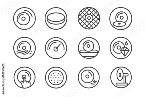 Polishing Wheel Icons. Line style icons of polishing wheels in round shape: spinning lap, felt wheel, diamond polishing disc,