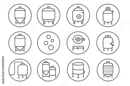 Fermentation Tank Icons. Line style icons of fermentation tanks in round shape: conical fermenter, closed tank, pressurized vessel