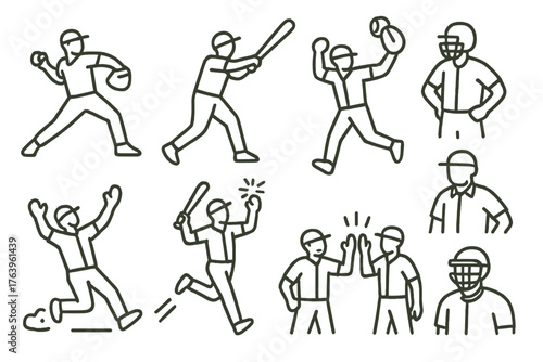 Baseball Icon Set. Line style icons of Baseball Match: Pitch, Swing, Catch, Slide, Home Run, Umpire, Celebration, High Five, No