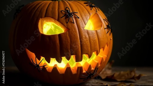 glowing halloween pumpkin jack-o'-lantern with spiders on wooden table in dim light