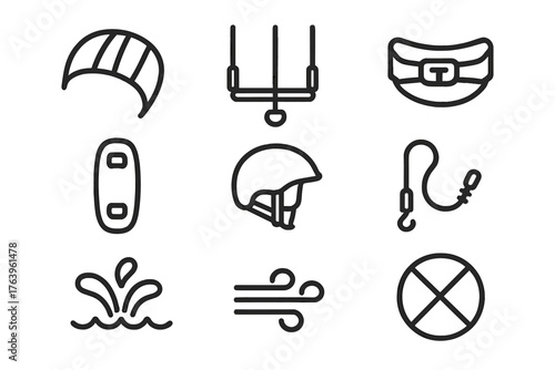 Kitesurfing Line Icons. Line style icons of Kitesurfing: Kite, Control Bar, Harness, Board, Helmet, Safety Leash, Water Splash,