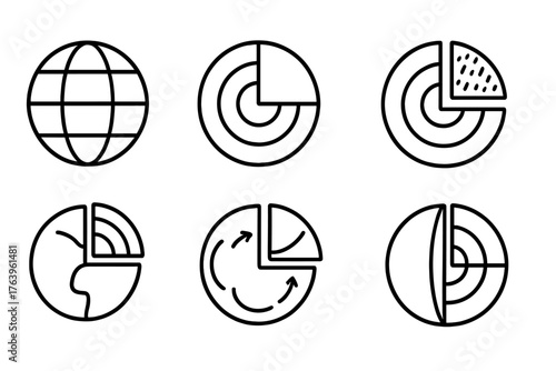 Earth Layers Diagram. Line style icons of earth layers in round shape: crust, mantle, outer core, inner core; layered sphere,