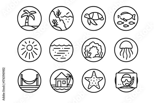 Tropical Diving Icons. Line style round vector icons of Tropical Diving: Palm Tree, Reef Drop-off, Sea Turtle, School of Fish;