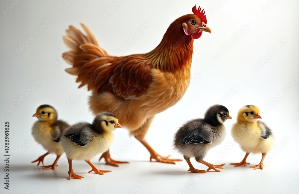 Fototapeta premium Hen walking with her cute chicks. Chicken family on farm, hen motherhood. Mother care for babies. Animals, poultry, agriculture. Rural scene, adorable babies, feather, beak, fluff.