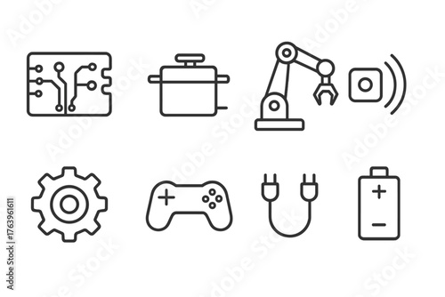 Robotics Line Icons. Line style icons of Robotics: Circuit Board, Servo Motor, Robot Arm, Sensor, Gear, Controller, Wire, Battery,