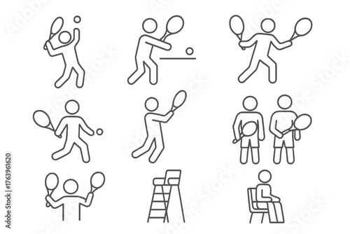 Tennis Icons Set. Line style icons of Tennis Match: Serve, Volley, Backhand, Forehand, Smash, Doubles Team, Celebration, Umpire