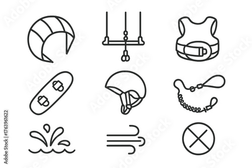 Kitesurfing Line Icons. Line style icons of Kitesurfing: Kite, Control Bar, Harness, Board, Helmet, Safety Leash, Water Splash,