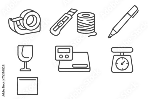 Postal Tool Icons. Line style icons of Postal Tools: Tape Dispenser, Box Cutter, Twine, Marker, Fragile Label, Postage Meter,