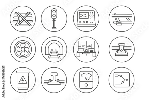 Subway System Icons. Line style round vector icons of Subway System Elements: Rail Switch, Signal Light, Control Panel, Third Rail