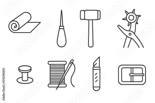 Leather Craft Tools. Line style icons of Leather Craft: Leather Roll, Awl, Mallet, Hole Punch, Rivet, Thread and Needle, Craft