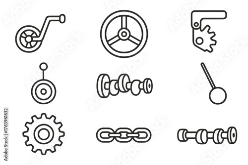 Mechanical Motion Icons. Line style icons of Mechanical motion: crank, flywheel, ratchet, pulley, camshaft, pendulum, sprocket,