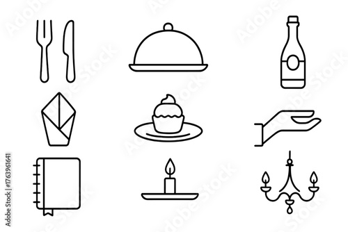 Fine Dining Icons. Line style icons of Fine Dining: Silverware, Plate Cover, Napkin, Sommelier Bottle, Dessert Plate, Waiter Tray,