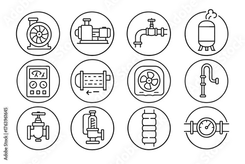 Steam Plant Line Icons. Line style round vector icons of Steam Power Plant: Turbine Housing, Feedwater Pump, Steam Line, Expansion