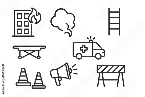 Emergency Scene Icons. Line style icons of Emergency scene: burning building, smoke cloud, rescue ladder, stretcher, ambulance,