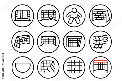 Goal Net Icons. Line style icons of goal nets in round shape: empty goal, puck in net, goalie in net, shot hitting post; angled