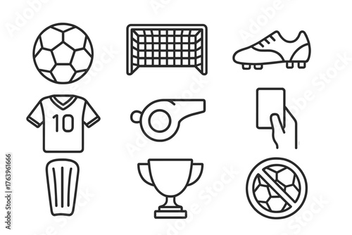 Soccer Line Icons. Line style icons of Soccer: Soccer Ball, Goal, Cleat, Jersey, Whistle, Referee Card, Shin Guard, Trophy, No