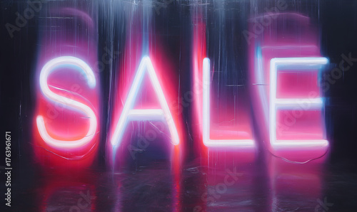 Neon sign spelling out sale in glowing pink and blue letters. Retail promotion concept for advertising and discount events.
