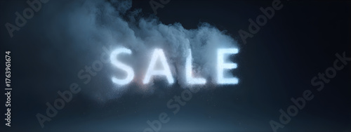 Illuminated sale text emerges from smoky background, symbolizing discount event or limited-time offer. Promotional banner for retail marketing and advertising campaign.