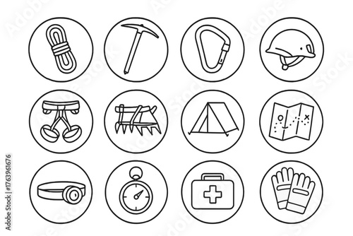 Mountaineering Vector Icons. Line style circular vector icons of Mountaineering: Climbing Rope, Ice Axe, Carabiner, Helmet;