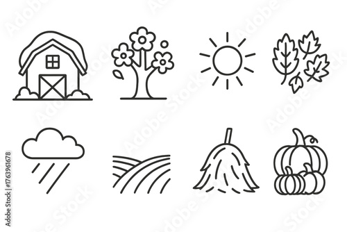Seasonal Farming Icons. Line style icons of Seasonal farming: snow-covered barn, spring blossom tree, summer sun, autumn leaves,