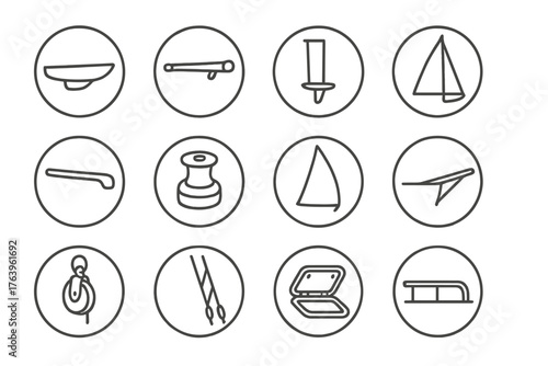 Sailboat Parts Icons. Line style round vector icons of Sailboat Parts: Hull, Boom, Keel, Mainsail; Tiller, Winch, Jib, Bowsprit;