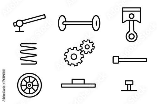 Energy Transfer Icons. Line style icons of Energy transfer: lever, axle, shaft, piston, spring coil, gear train, wheel, slider, No