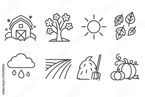 Seasonal Farming Icons. Line style icons of Seasonal farming: snow-covered barn, spring blossom tree, summer sun, autumn leaves,