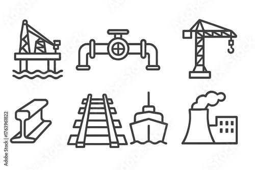 Industrial Line Icons. Line style icons of Heavy industry: oil rig, pipeline, steel bridge, crane, ship hull, train rail, factory
