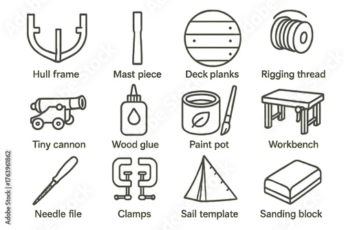 Model Shipbuilding Icons. Line style round vector icons of Model Shipbuilding: Hull Frame, Mast Piece, Deck Planks, Rigging Thread