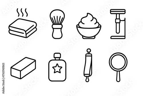 Shaving Ritual Icons. Line style icons of Shaving ritual: hot towel, foam brush, soap bowl, razor stand, alum block, cologne