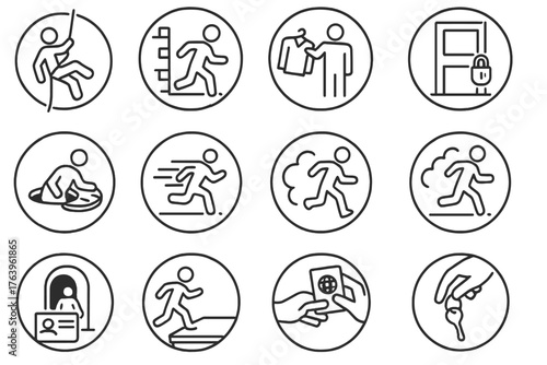 Escape Icon Set. Line style icons of escape and evasion in round shape: rope descent, alley escape, changing outfit, locked door;