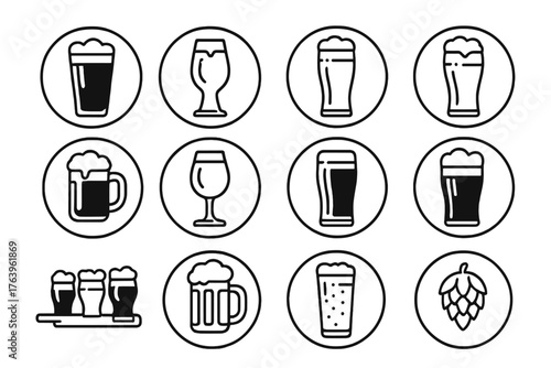 Beer Styles Icons. Line style icons of beer styles in round shape: stout pint, IPA glass, pale ale, wheat beer; porter mug, sour