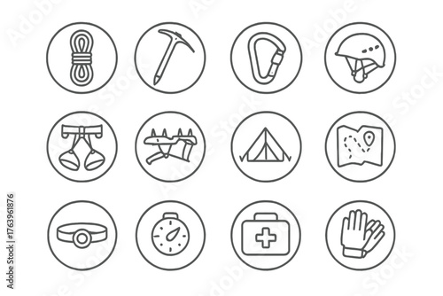 Mountaineering Vector Icons. Line style circular vector icons of Mountaineering: Climbing Rope, Ice Axe, Carabiner, Helmet;