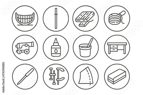 Model Shipbuilding Icons. Line style round vector icons of Model Shipbuilding: Hull Frame, Mast Piece, Deck Planks, Rigging Thread