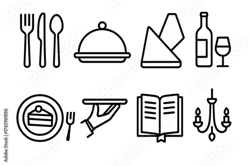Fine Dining Icons. Line style icons of Fine Dining: Silverware, Plate Cover, Napkin, Sommelier Bottle, Dessert Plate, Waiter Tray,