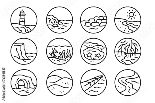 Coastal Line Art Icons. Line style round vector icons of Coastal Features: Lighthouse, Rocky Shore, Breakwater, Sandy Beach; Cliff