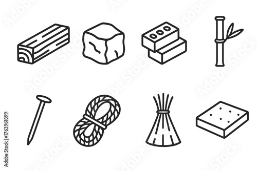Building Materials Icons. Line style icons of Outdoor building materials: wooden beam, stone block, clay brick, bamboo pole, metal
