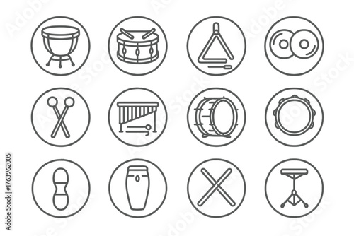 Percussion Icon Compilation. Line style icons of percussion instruments in round shape: timpani, snare drum, triangle, cymbals;