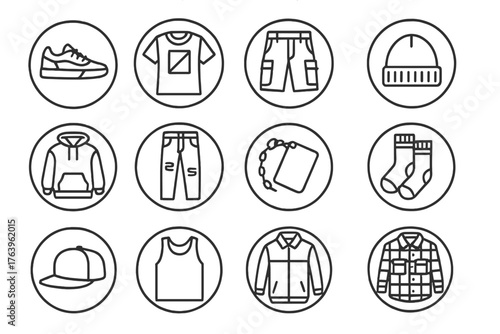 Skater Apparel Icons. Line style round vector icons of Skater Apparel: Skate Shoes, Graphic Tee, Cargo Shorts, Beanie Hat; Hooded