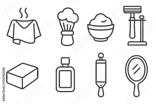 Shaving Ritual Icons. Line style icons of Shaving ritual: hot towel, foam brush, soap bowl, razor stand, alum block, cologne