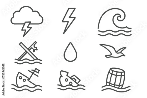 Stormy Sea Icons. Line style icons of Stormy Sea: Thundercloud, Lightning, Giant Wave, Broken Mast, Raindrop, Flying Seabird,