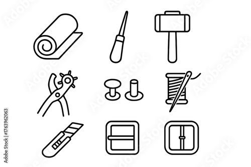 Leather Craft Tools. Line style icons of Leather Craft: Leather Roll, Awl, Mallet, Hole Punch, Rivet, Thread and Needle, Craft