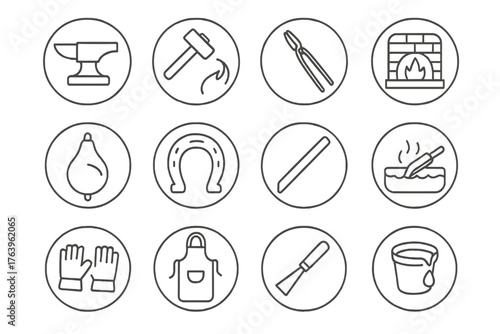 Blacksmith Tools Icons. Line style circular vector icons of Blacksmithing: Anvil, Hammer, Tongs, Forge; Bellows, Horseshoe, Metal