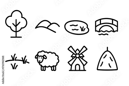 Rural Scenery Icons. Line style icons of Rural scenery: tree, hill, pond, bridge, meadow, sheep, windmill, haystack, No text, No
