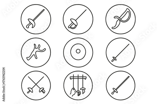 Fencing Weapons Icons. Line style icons of fencing weapons in round shape: foil, épée, sabre, grip handle; bell guard, blade tip,